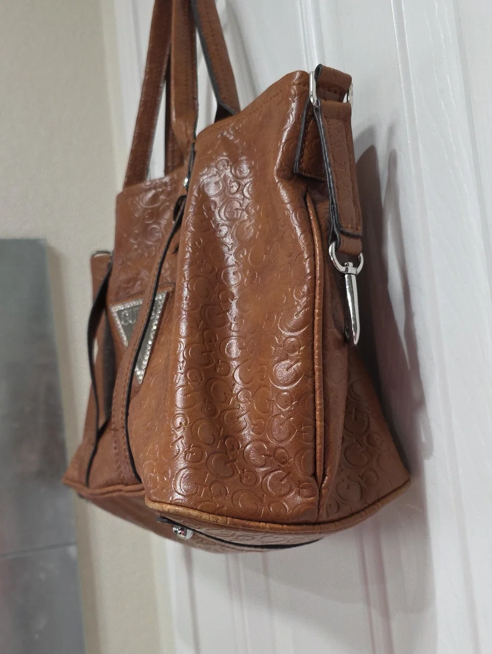 Guess Signature Embossed Leather Tote Bag in Cognac Brown